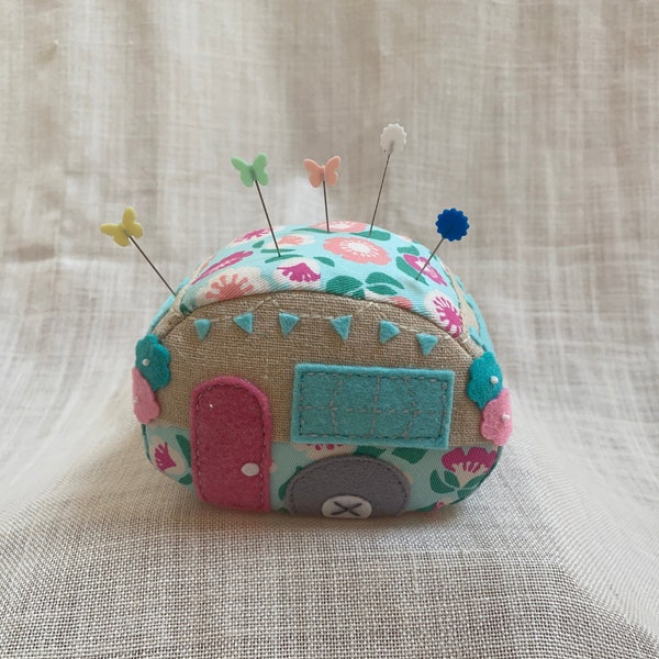 Vintage caravan pin cushion, Retro campervan shaped pin storage, Sewing needle organizer for seamstress gifts