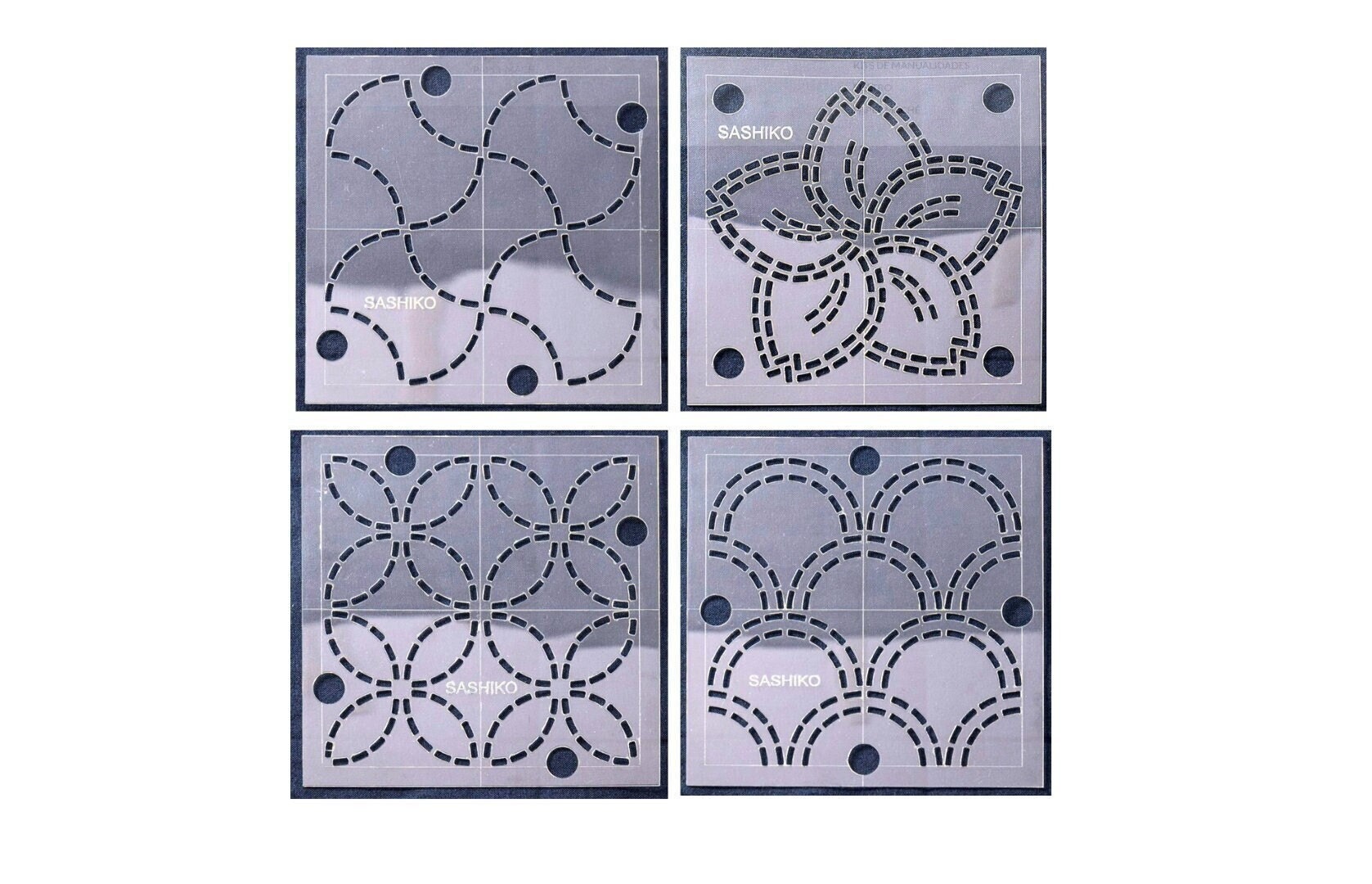 Kit Pochoirs Sashiko 28 Pièces - 12 Modèles Géométriques 12x12cm, Aiguilles, Fils, Dé, Porte-doigts