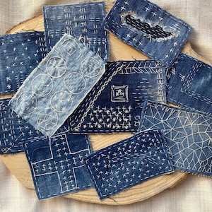 Hand-sewn sashiko patches of different sizes made of recycled denim fabric, Indigo blue embroidered patch for denim knee repairs,Boro fabric