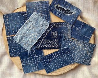 Hand-sewn sashiko patches of different sizes made of recycled denim fabric, Indigo blue embroidered patch for denim knee repairs,Boro fabric