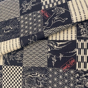 Toile en coton japonaise avec des motifs traditionnels et des animaux, parfaite pour le patchwork et la broderie sashiko, Tissu pour quilting
