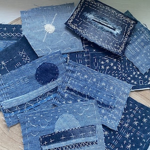 Écusson en denim de différentes tailles cousus à la main avec la technique japonaise du sashiko, écusson collage Boro en tissu bleu indigo, écusson Boro