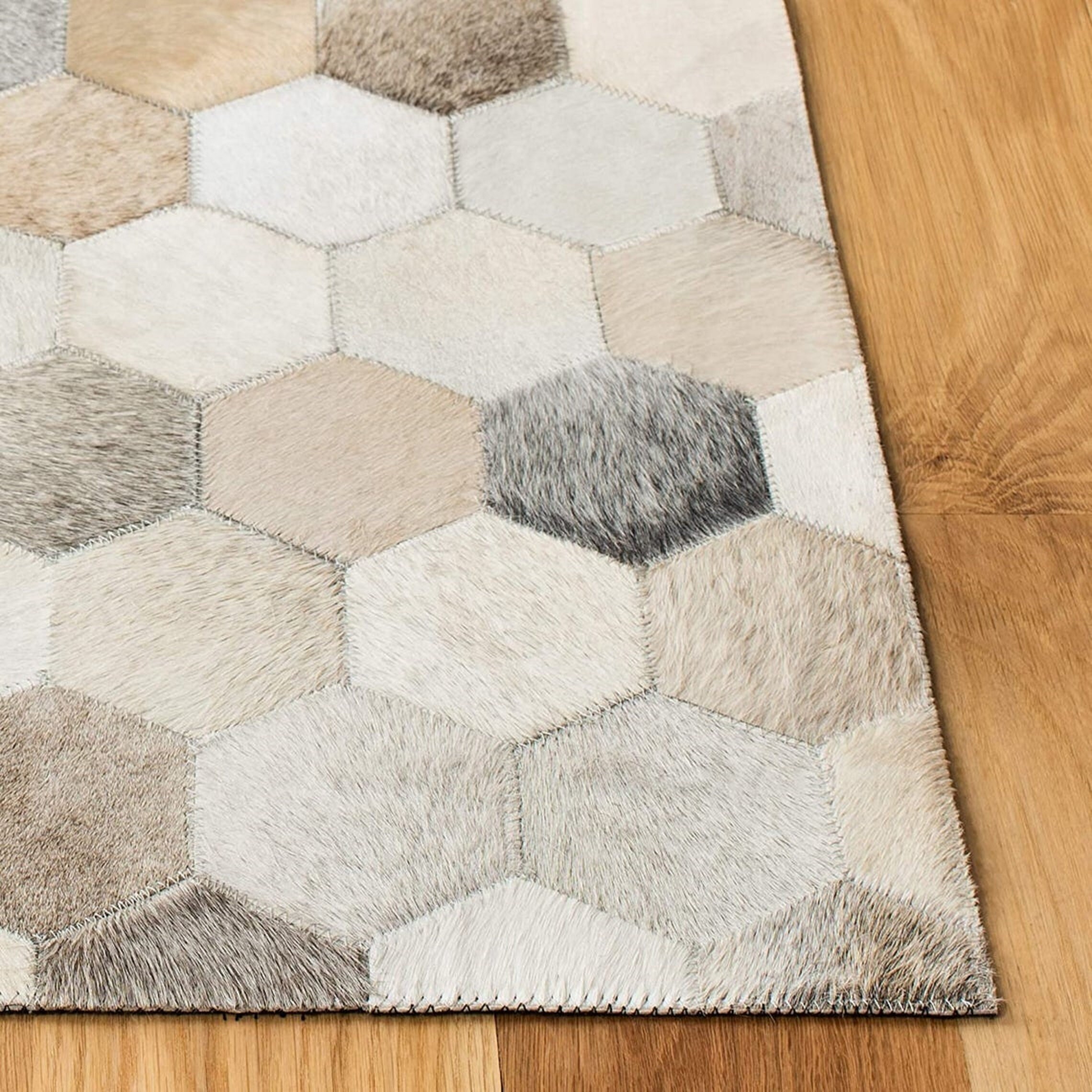 Leather Hide Hexagon Patchwork Handmade Area Rug Grey Tone Etsy UK