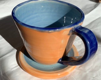 Orange and Blue Mug with Saucer