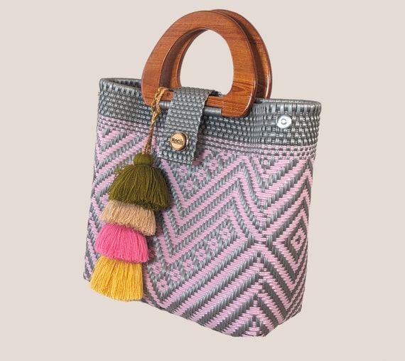 Cleo Wood Handle Bag Handwoven Plastic Bag Mexican Plastic Woven Bag Wood Handle Bag Summer Bag Etsy