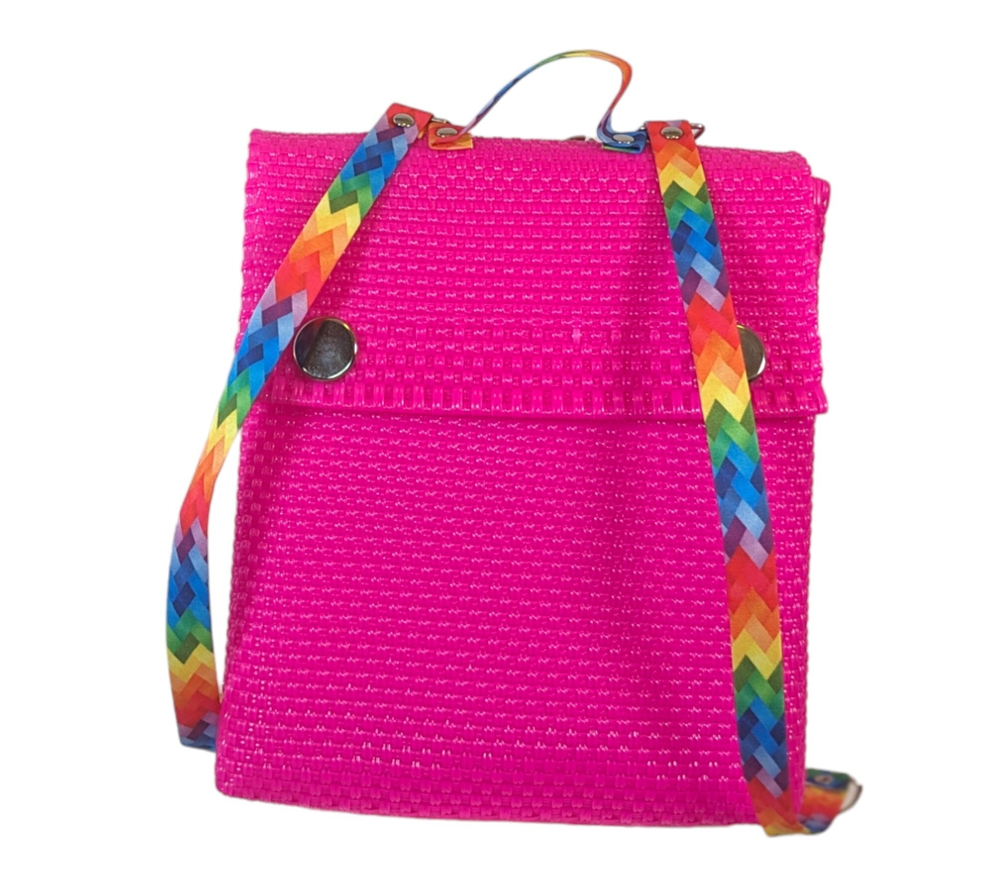 Handwoven Rainbow Straps Recycled Plastic Backpack | Mexican  display picture 2