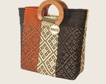 Cleo Wood Handle Bag| Handwoven Plastic Bag|  Mexican Plastic Woven Bag| Wood Handle Bag| Summer Bag|