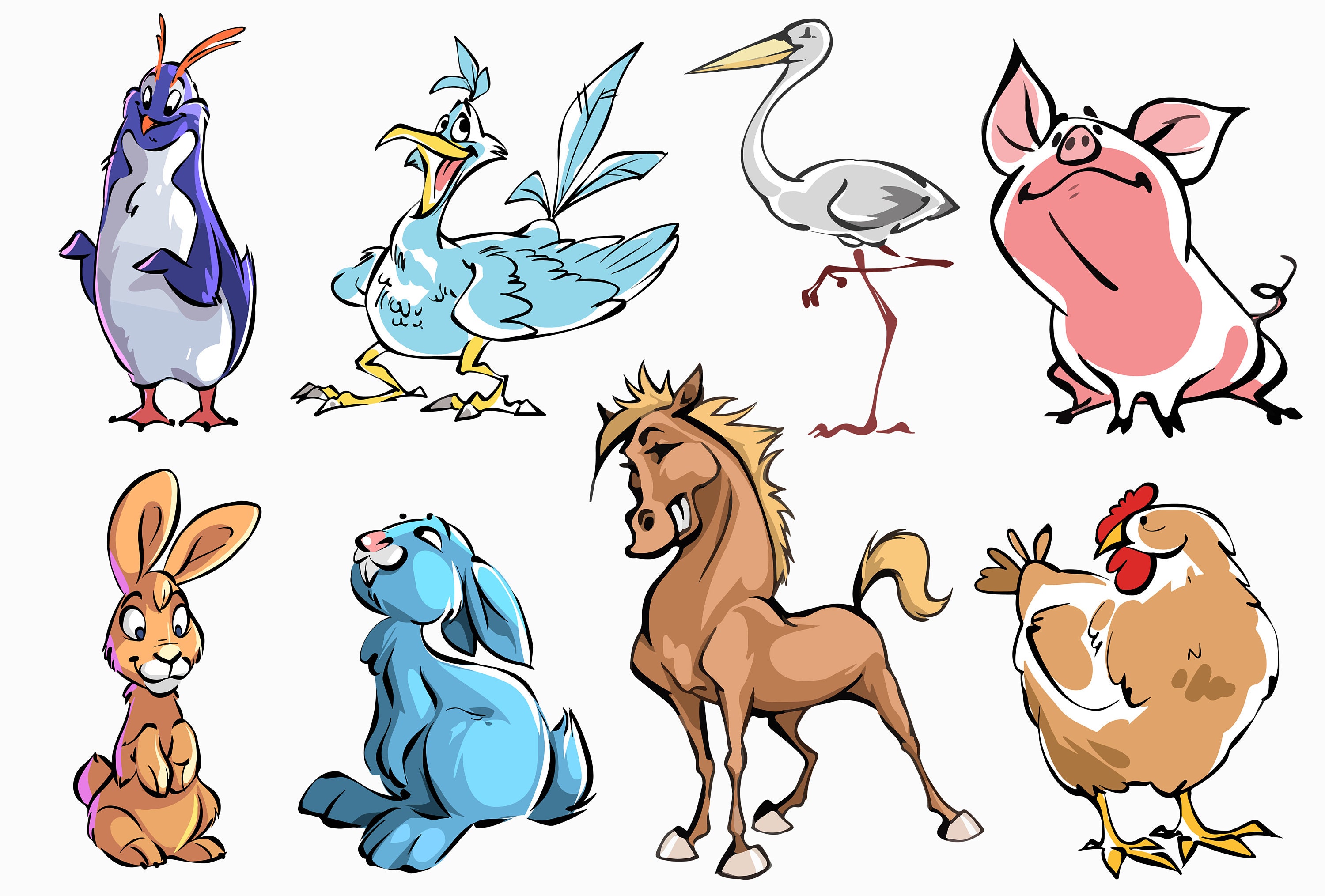 Funny various farm and wild animals clipart set cartoon | Etsy