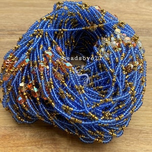 Blue Tie On Waist Beads: Crystal Heart Accents, African Body Jewelry