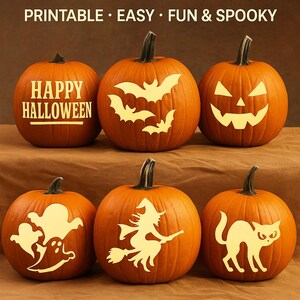 6 klassieke Halloween-pompoenstencils: heks, kat, vleermuizen (digitale download)