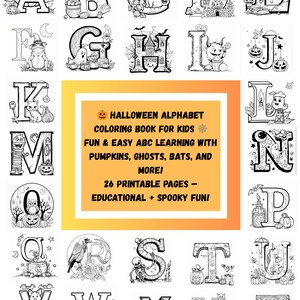May include: Black and white Halloween alphabet coloring book for kids. Each letter is decorated with spooky illustrations of pumpkins, ghosts, bats, and more. The book includes 26 printable pages for educational and fun learning.