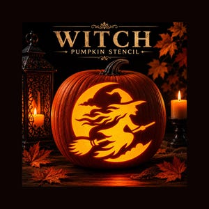 Flying Witch Pumpkin Carving Stencil, Halloween Jack O Lantern Template (PDF Download)