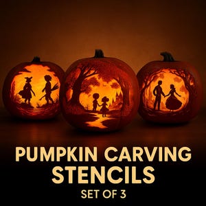 May include: Set of 3 pumpkin carving stencils. Each pumpkin features a different silhouette scene, including a couple holding hands, children in a forest, and figures with a witch's hat and broom. The text "PUMPKIN CARVING STENCILS" is displayed.