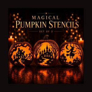 Magical Pumpkin Carving Stencils Bundle, Witch Pumpkin Stencil, Haunted House Pumpkin Pattern, Halloween PDF PNG Template, Set of 3
