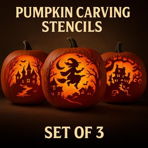 May include: Set of 3 pumpkin carving stencils. The image shows three carved pumpkins with Halloween-themed designs. The pumpkins are lit from within, showcasing silhouettes of a haunted house, a witch on a broom, and other spooky elements. The text "PUMPKIN CARVING STENCILS" and "SET OF 3" are displayed.