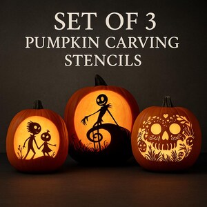May include: Three illuminated pumpkins with carved designs, part of a set of pumpkin carving stencils. One pumpkin has a couple silhouette, another a character on a hill, and the last a skull with floral details. The text at the top reads "SET OF 3 PUMPKIN CARVING STENCILS."