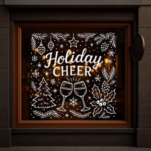 Op de afbeelding: Een feestelijke etalage met de tekst "Holiday CHEER" in witte letters, omringd door een kerstboom, sneeuwvlokken, ornamenten en twee wijnglazen. Het raam is bruin omlijst en geplaatst tegen een donkere bakstenen muur.