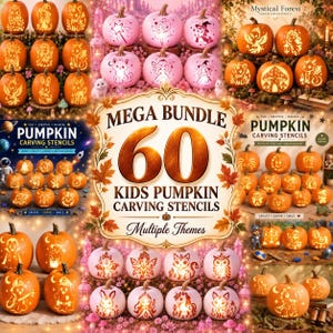 Peut inclure: Une collection numérique de 60 pochoirs pour sculpter des citrouilles avec divers thèmes comme des animaux, des créatures fantastiques et des motifs spatiaux, présentée sous forme de collage avec le texte Mega Bundle 60 Kids Pumpkin Carving Stencils.
