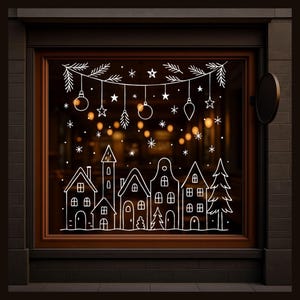 Plantilla para ventanas navideñas – Plantilla de pueblo invernal (Descarga digital)