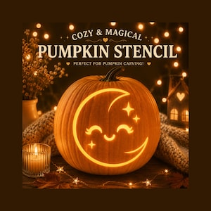 Plantilla para tallar calabazas con luna sonriente, diseño kawaii de Halloween, plantilla de calabaza de Halloween (PDF PNG)