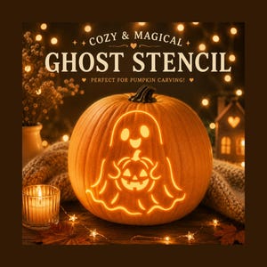 Ghost Pumpkin Carving Stencil, Friendly Jack O Lantern Template (PDF PNG)