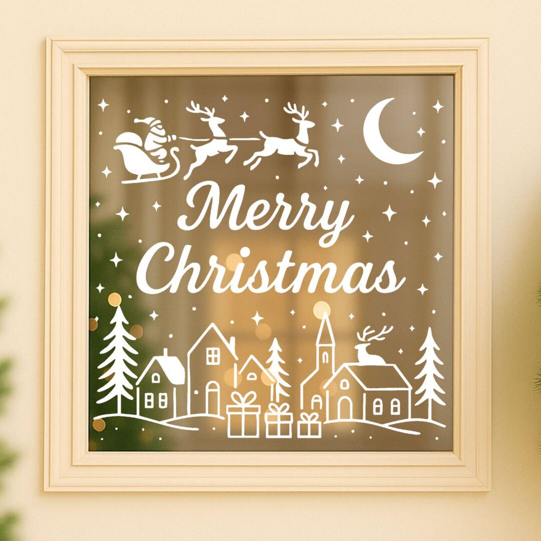 Merry Christmas Window Stencil Winter Village Scene (PNG PDF SVG)