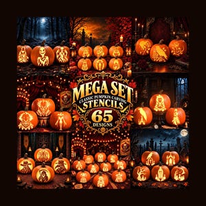 May include: A collection of orange pumpkins featuring various carved designs, including figures, animals, and scenes. The central text reads Mega Set Classic Pumpkin Carving Stencils 65 Designs, surrounded by multiple panels of illuminated jack-o'-lanterns.