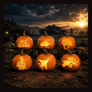 May include: Six orange pumpkins arranged in two rows, each carved with a glowing silhouette of military equipment including a tank, helicopter, helmet, soldier, fighter jet, and jeep, set against a dark, dramatic sunset landscape background.