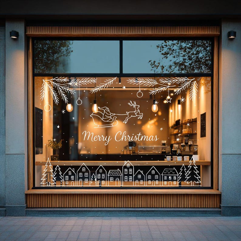 Storefront Christmas Window Stencil – Santa Sleigh, Winter Village ...