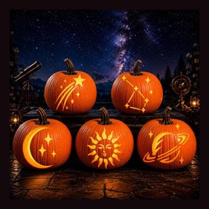 May include: Five orange pumpkins arranged in two rows, each featuring a glowing cutout design. The designs include a shooting star, a constellation, a crescent moon with stars, a sun with a face, and a planet with rings, all illuminated from within.