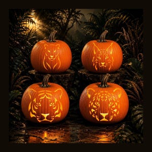 May include: Four orange pumpkins arranged in a square formation, each featuring a unique glowing cutout design of a wild cat face. The carvings depict a lion, a lynx, a tiger, and a leopard, with light emanating from within each pumpkin.