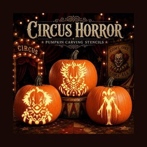 Schablonen für Zirkus-Horror-Kürbisse | Gruselige Clown-Kürbis-Schnitzerei (PDF-Download)