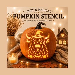 Highland Cow Witch Pumpkin Carving Stencil, Halloween Jack O Lantern Pattern (Printable PDF PNG)