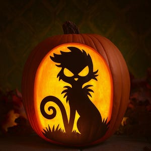 May include: A carved pumpkin with a black cat silhouette. The cat has an angry expression and is sitting on grass. The pumpkin is lit from within, creating a warm, orange glow. Perfect for Halloween decorations.
