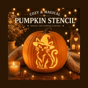 Pochoir pour citrouille sculptée Chat Sorcière, motif de citrouille d'Halloween chaleureuse (PDF PNG)