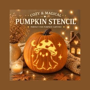 May include: An orange pumpkin with a carved design of a ghost wearing a mushroom cap, surrounded by stars and a crescent moon. The text COZY & MAGICAL PUMPKIN STENCIL and PERFECT FOR PUMPKIN CARVING! is printed in white above the pumpkin.