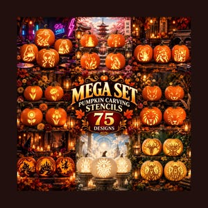 Könnte beinhalten: Eine digitale Sammlung von 75 Kürbisschnitzvorlagen mit verschiedenen Motiven wie Geistern, Außerirdischen, Tieren, Blumen und Fantasy-Designs. Der Text Mega Set Pumpkin Carving Stencils 75 Designs ist in der Mitte des Bildes deutlich zu sehen.