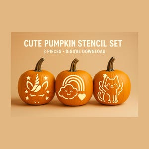Stampini per intagliare zucche con unicorno, arcobaleno e gatto, perfetti per Halloween (3 disegni stampabili)