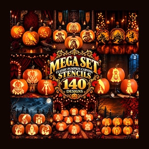 Peut inclure: Une collection de citrouilles orange sculptées avec diverses silhouettes et scènes détaillées, présentant le texte "MEGA SET CLASSIC PUMPKIN CARVING STENCILS 140 DESIGNS" au centre, sur un fond sombre et atmosphérique.