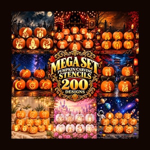 May include: A digital collection of 200 pumpkin carving stencils titled Mega Set Pumpkin Carving Stencils 200 Designs. The image displays numerous orange pumpkins illuminated from within, each featuring unique cut-out patterns.