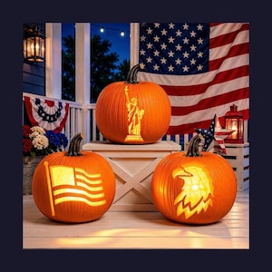 May include: Three orange pumpkins carved with illuminated designs. The top pumpkin features the Statue of Liberty, the bottom left displays an American flag, and the bottom right shows a bald eagle profile. Each pumpkin has a dark green stem.