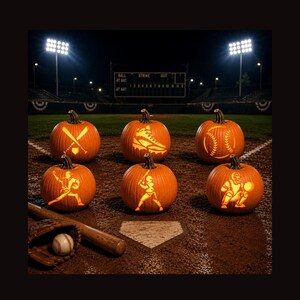 Könnte beinhalten: Sechs orangefarbene Kürbisse mit Baseball-Motiven, darunter Schläger, ein Ball, ein Stollenschuh und spielende Figuren. Ein hölzerner Baseballschläger und ein Lederhandschuh mit einem Ball liegen auf der Erde nahe der Home Plate.