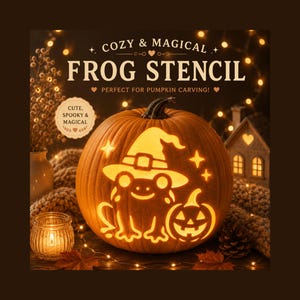 Witch Frog Pumpkin Carving Stencil, Kawaii Halloween Template (PDF PNG)