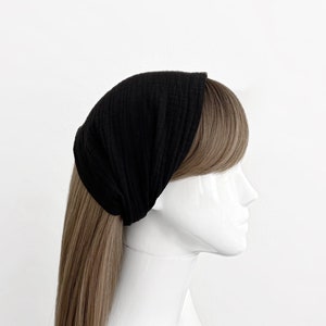Black Cotton Gauze Wide Headband - Hair Scarf, Bandanas, Hairbands for Women - Headwear, Hair Wrap, Head Band, Minimalist, Modern