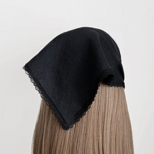 Black Linen With Lace Trim Triangle Head Scarf, Wrap Elastic Headband, Kercheif, Hair Scarf, Hair Wrap, Women&#39;s Hair Accessories