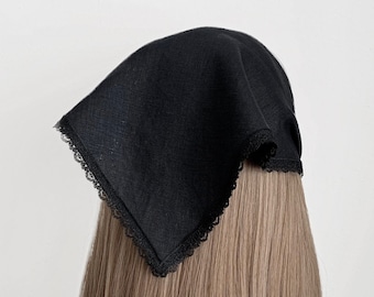 Black Linen With Lace Trim Triangle Head Scarf, Wrap Elastic Headband, Kercheif, Hair Scarf, Hair Wrap, Women's Hair Accessories