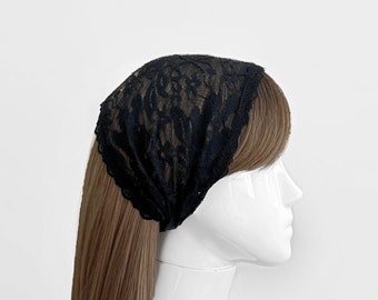 Black Lace Wide Headband With Lace Trim - Hair Scarf, Bandanas, Hairbands for Women - Headwear, Hair Wrap, Head Band, Minimalist