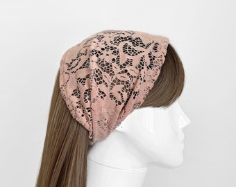 Dusty Rose Velvet Lace Headband - Sheer Pink Hair Scarf, Hair Accesory, Floral, Boho