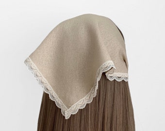 Linen Lace Trim Triangle Head Scarf, Wrap Elastic Headband, Kercheif, Hair Scarf, Hair Wrap, Women's Hair Accessories