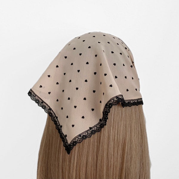 Heart Chiffon Lace Trim Sheer Triangle Headband - Head Scarf, Wrap Elastic Headband, Kercheif, Hair Scarf, Hair Wrap,  Hair Accessories